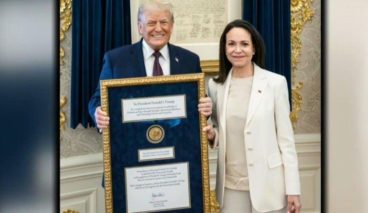 Venezuelan opposition leader María Corina Machado presents Trump with her Nobel Peace Prize