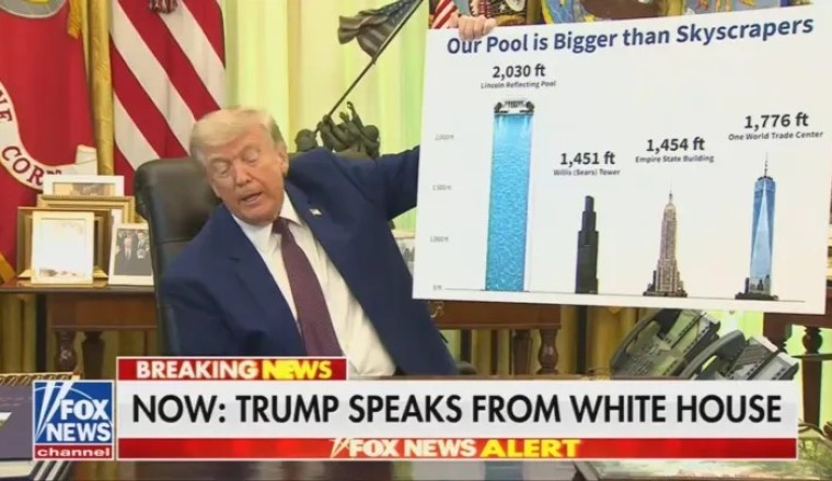 Grandpa Pudding Brains unveils "our pool is bigger than skyscrapers" chart